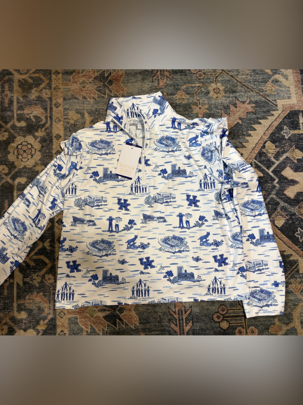 White and Blue Quarter-Zip Printed Women's Top - Brand: blank